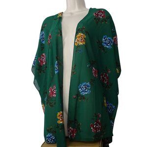 No Boundaries Floral Green Kimono Style Cover-Up Crochet Back Juniors Size S 3-5